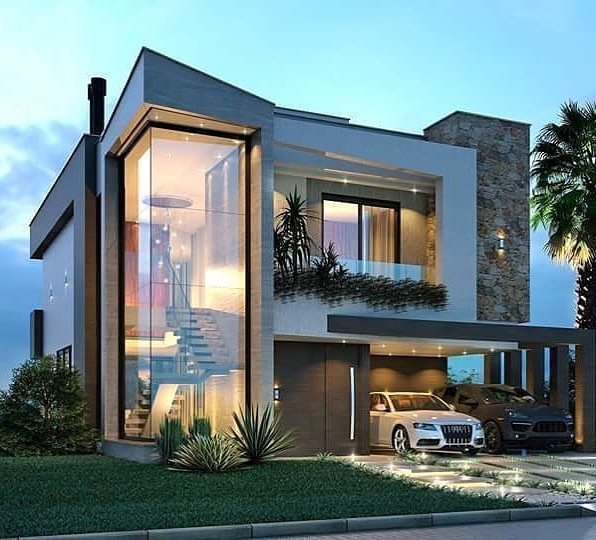 fachada de casa moderna com telhado aparente