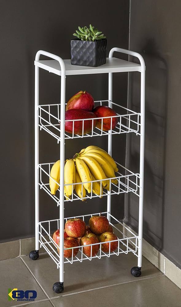 Fruteira de chão industrial ferro e madeira