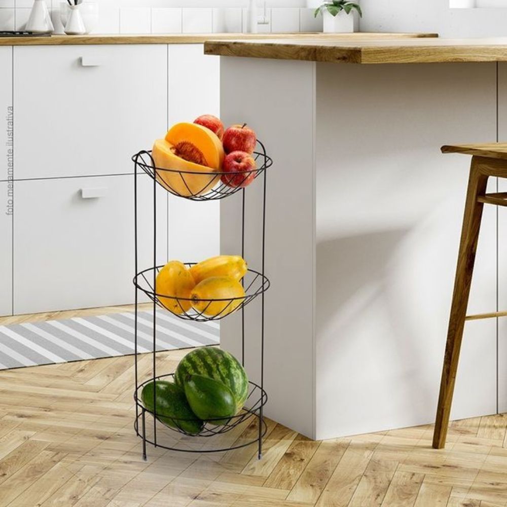 Fruteira de chão industrial ferro e madeira