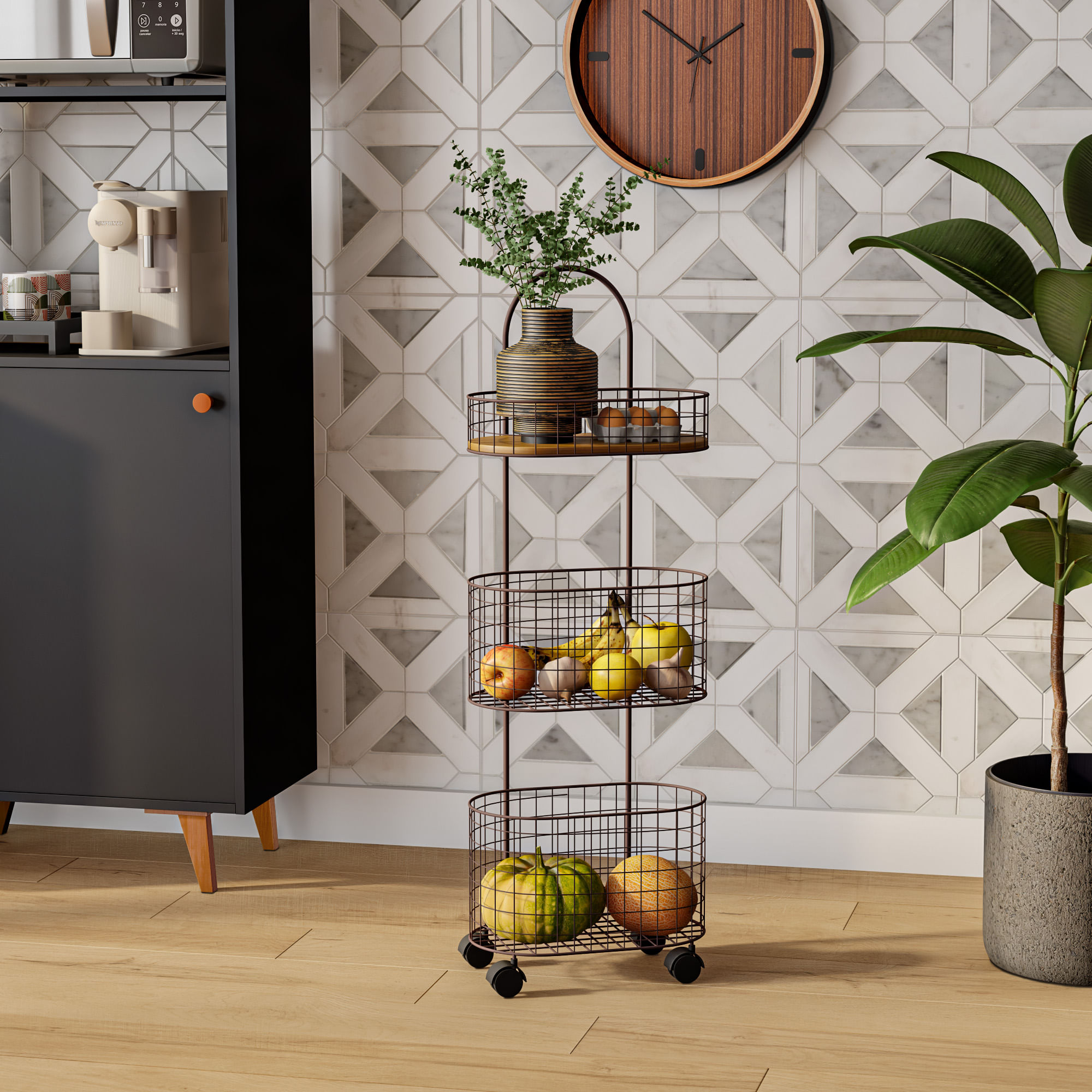 Fruteira de chão com tampo de madeira