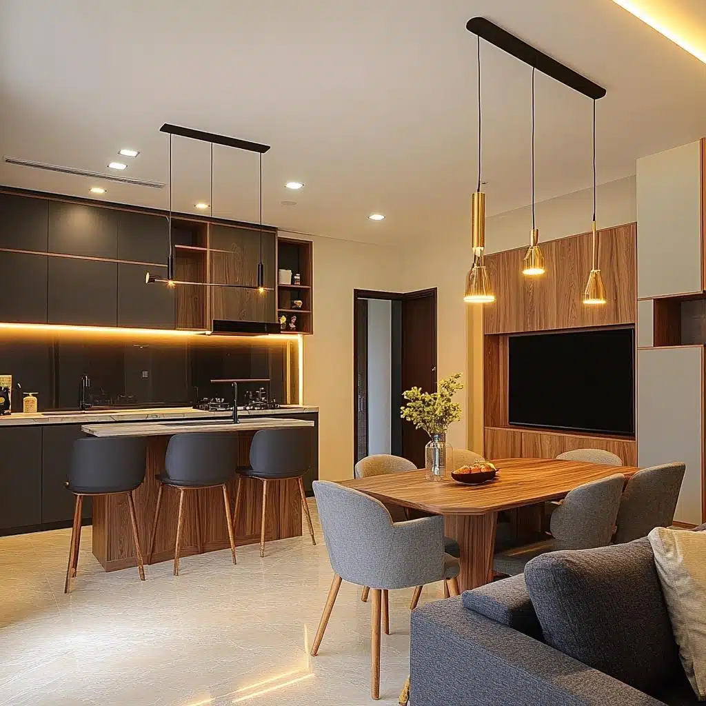 Divisória de sala e cozinha com estante