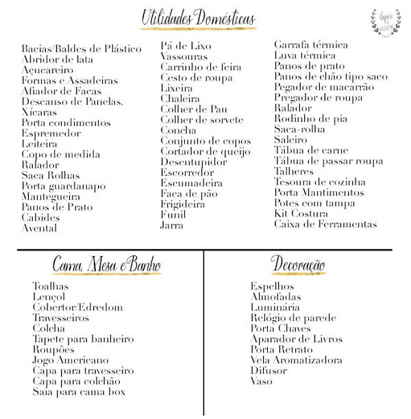 lista de presentes chá de casa nova completa