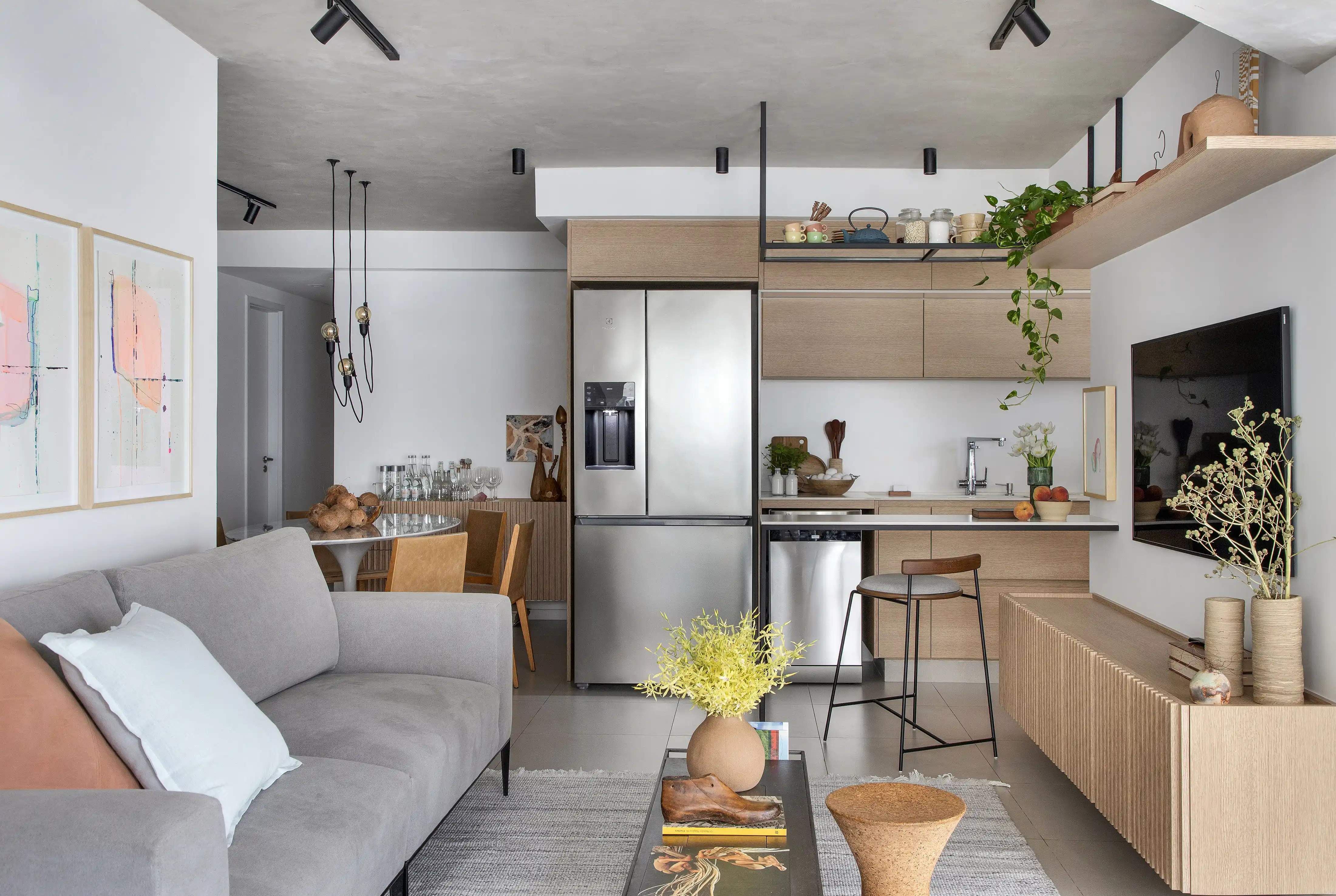 ideias de mini cozinha americana com sala pequena