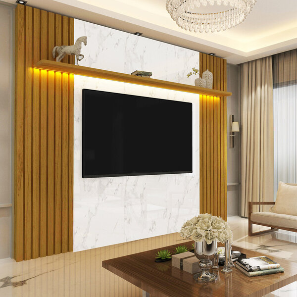 painel de tv ripado com porcelanato marmorizado