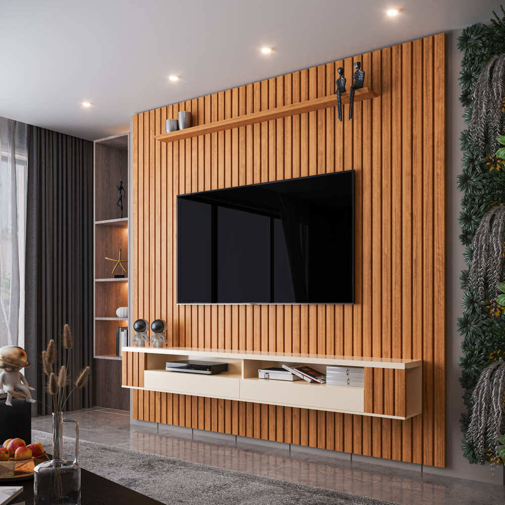 painel de tv porcelanato nero marquina e ripado