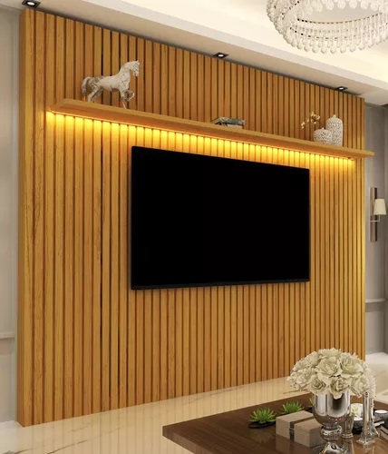 painel de tv ripado com porcelanato e led