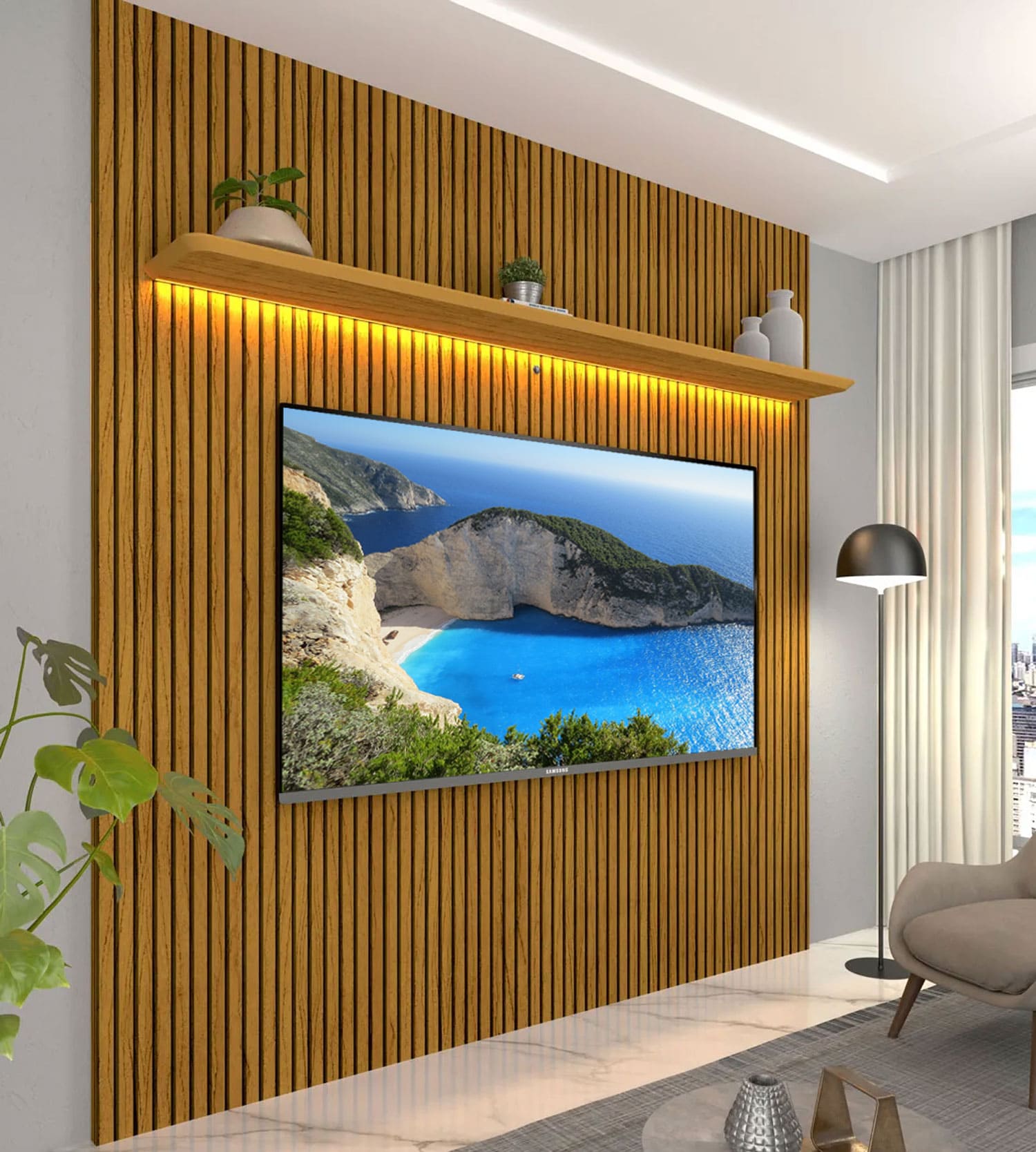 painel de tv ripado com porcelanato e rack suspenso