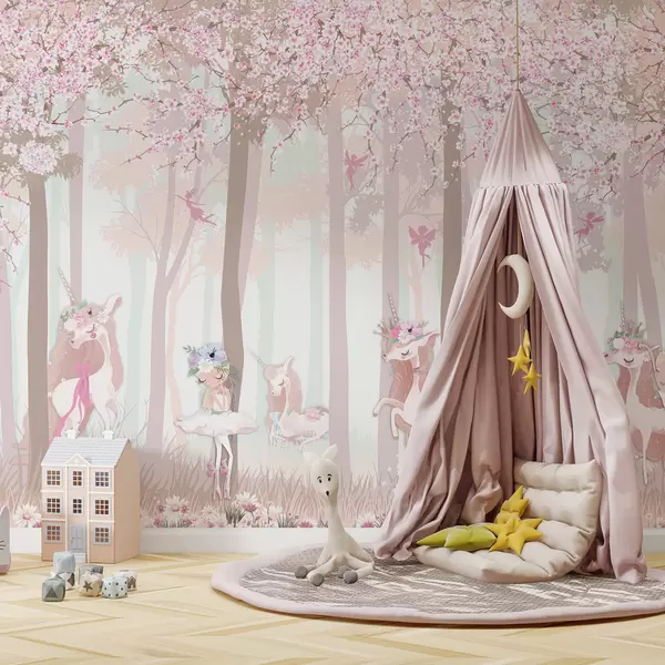 papel de parede infantil menina com tema de floresta encantada