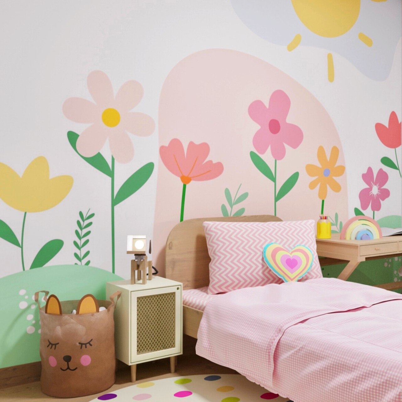 papel de parede infantil menina floral vs arco iris