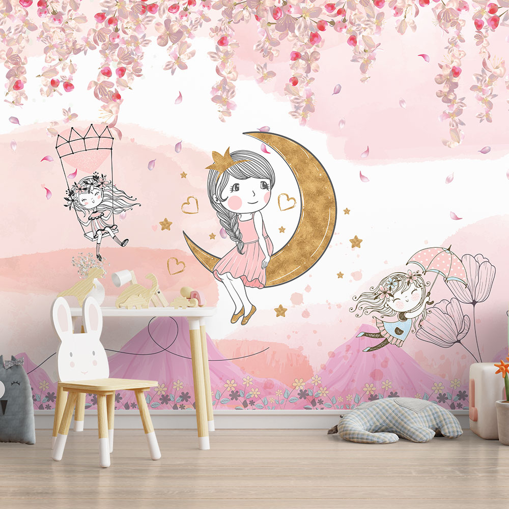 papel de parede infantil menina com tema de floresta encantada