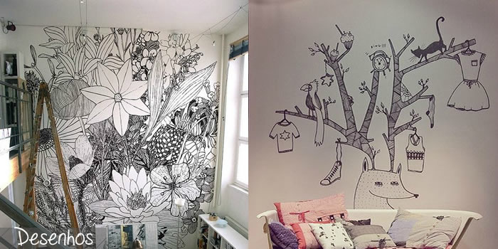 ideias de parede desenhada para sala de estar