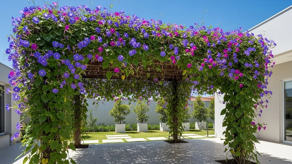 varanda com pergolado de bougainvillea
