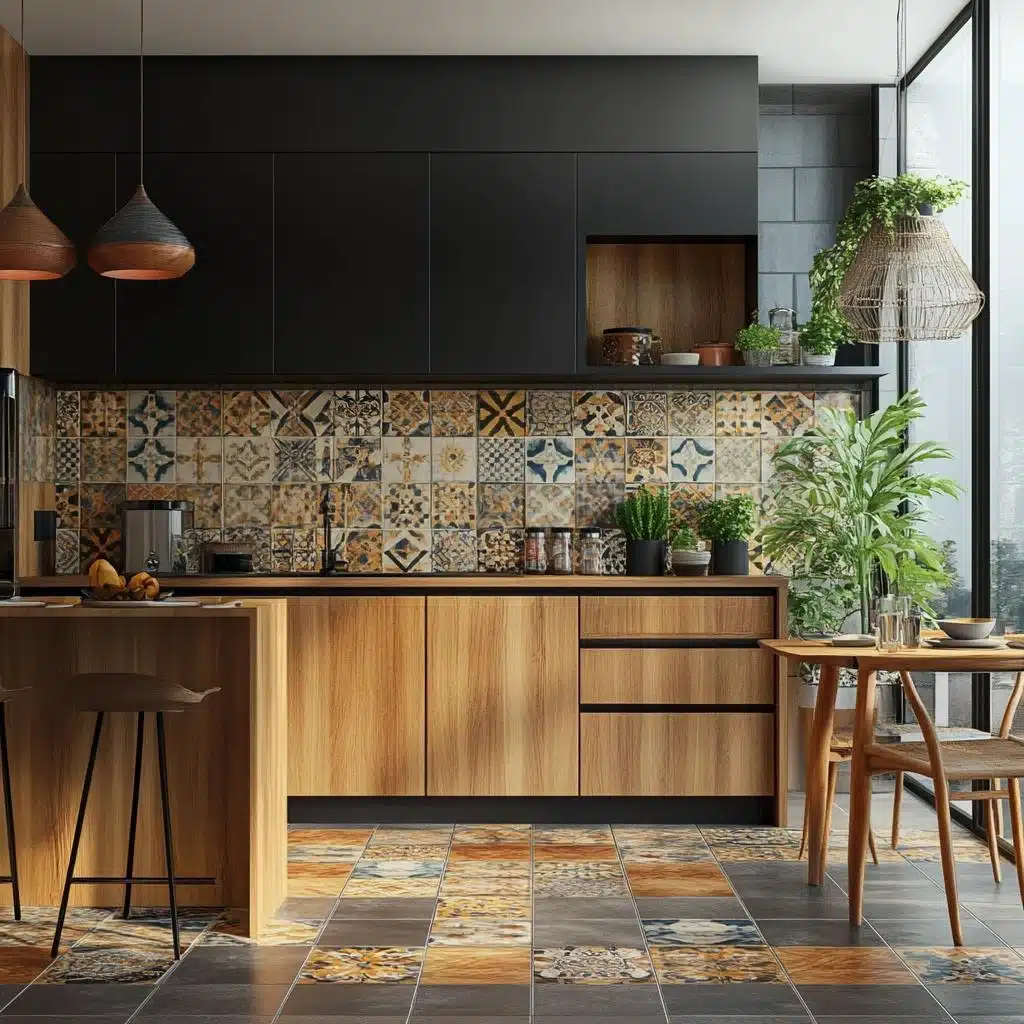 piso hidráulico cozinha estilo industrial