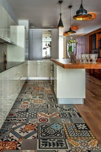 piso hidráulico cozinha com armários neutros