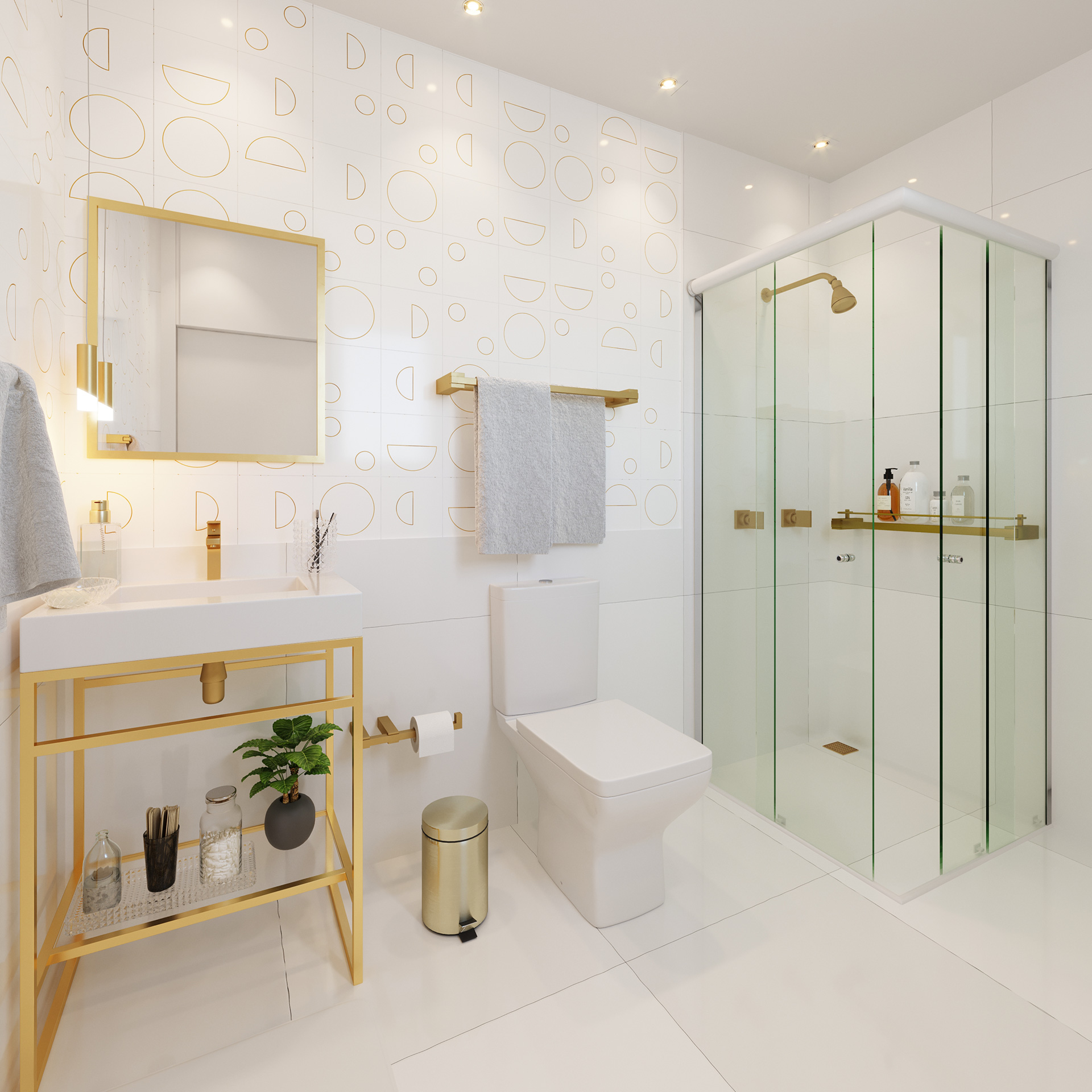 porcelanato marmorizado branco com veios dourados para banheiro