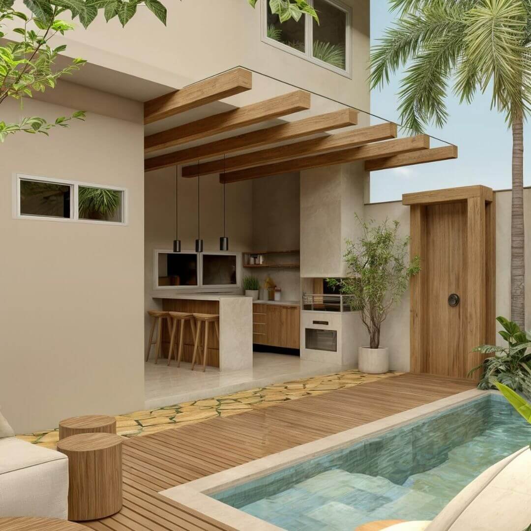 projeto area de lazer com piscina e churrasqueira