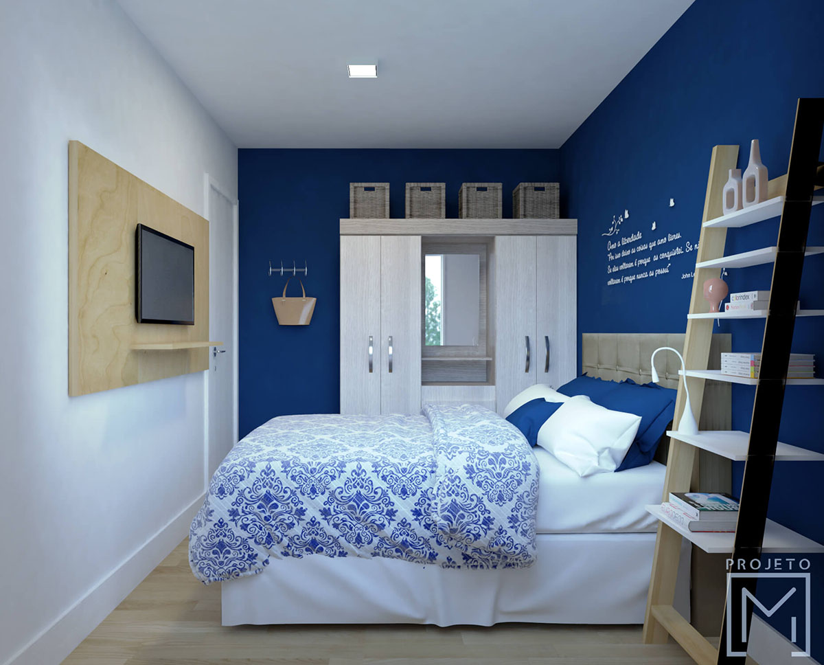 quarto azul marinho e branco