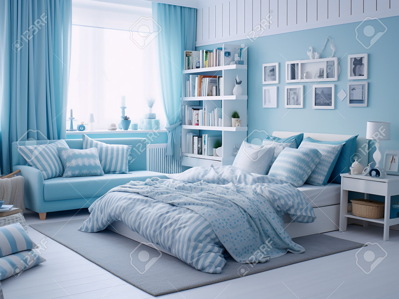 quarto azul bebê e branco