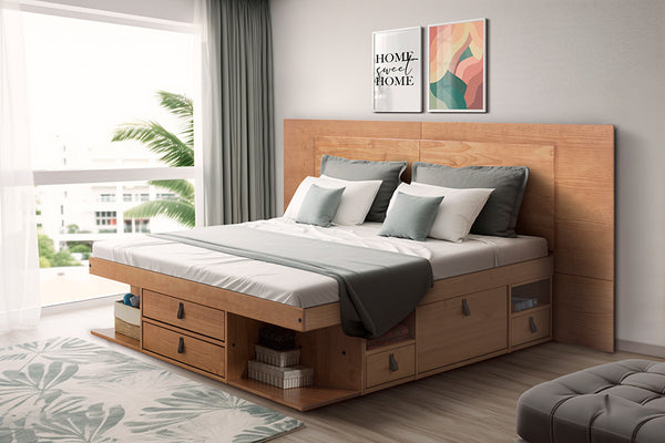 cabeceira de madeira com mesa de cabeceira integrada