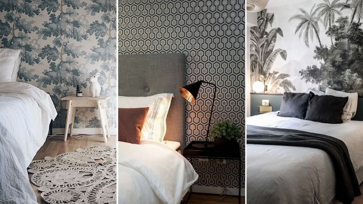 papel de parede geométrico para cabeceira de quarto de casal