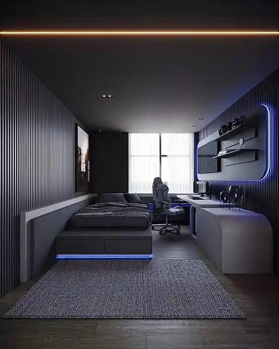 quarto preto estilo hotel de luxo com led
