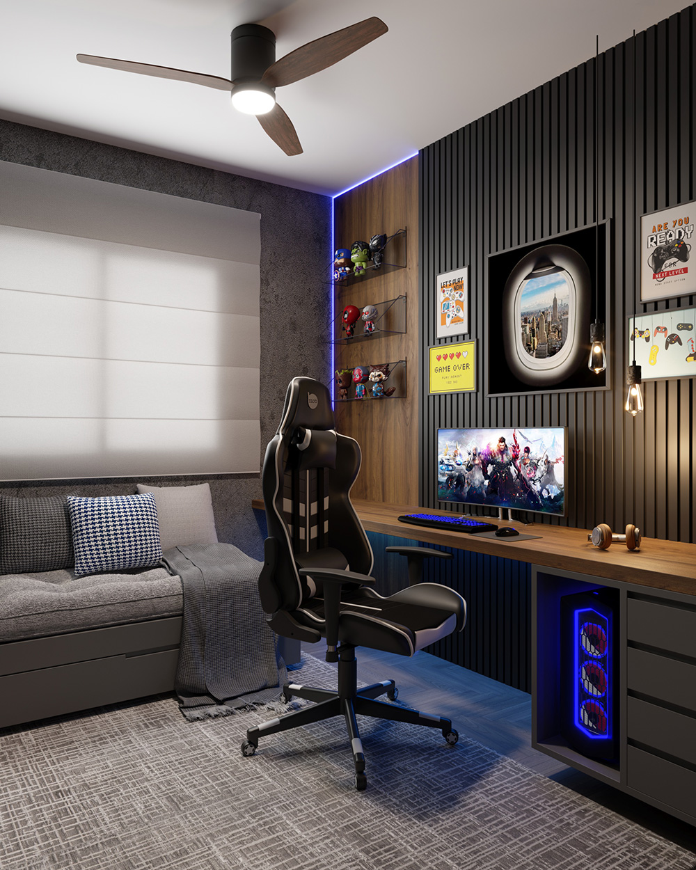 quarto preto com iluminação indireta led