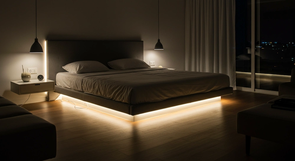 decoração quarto preto com led