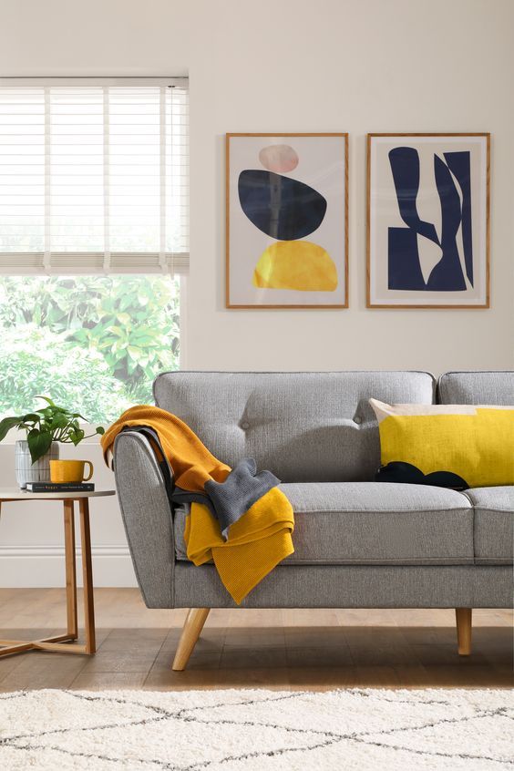 ideias decoração sala amarela cinza