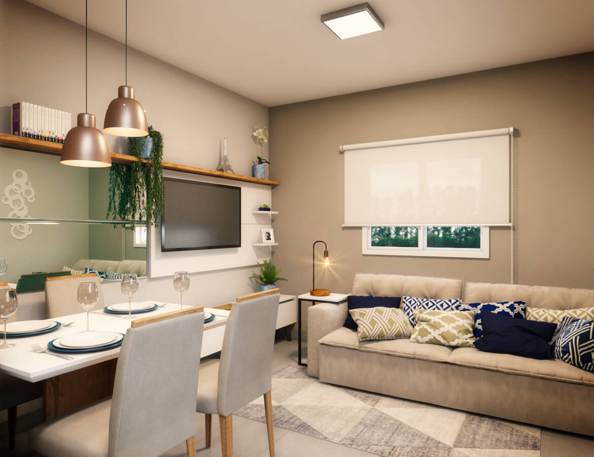 sala de apartamento pequeno com mesa de jantar