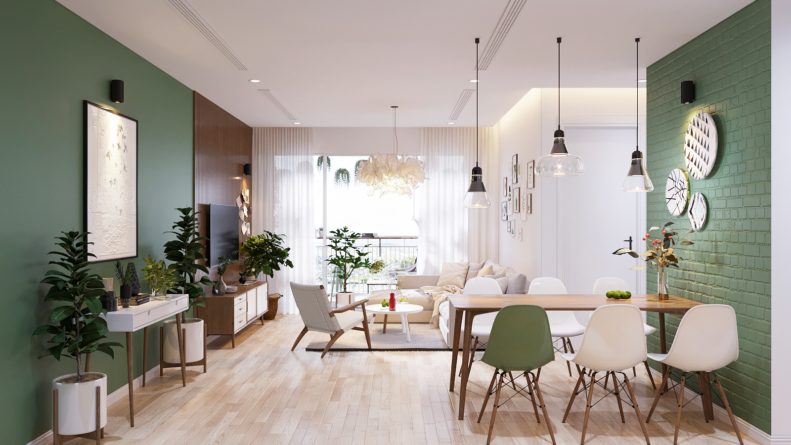 sala de estar e jantar integradas com cozinha americana