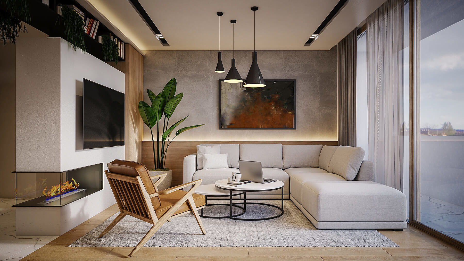 sala decoração simples e moderna com sofá cinza