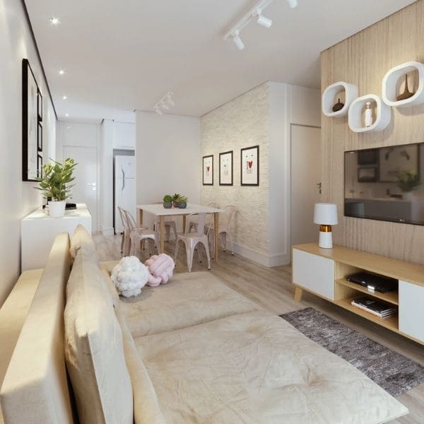 sala decoração simples e moderna com sofá cinza