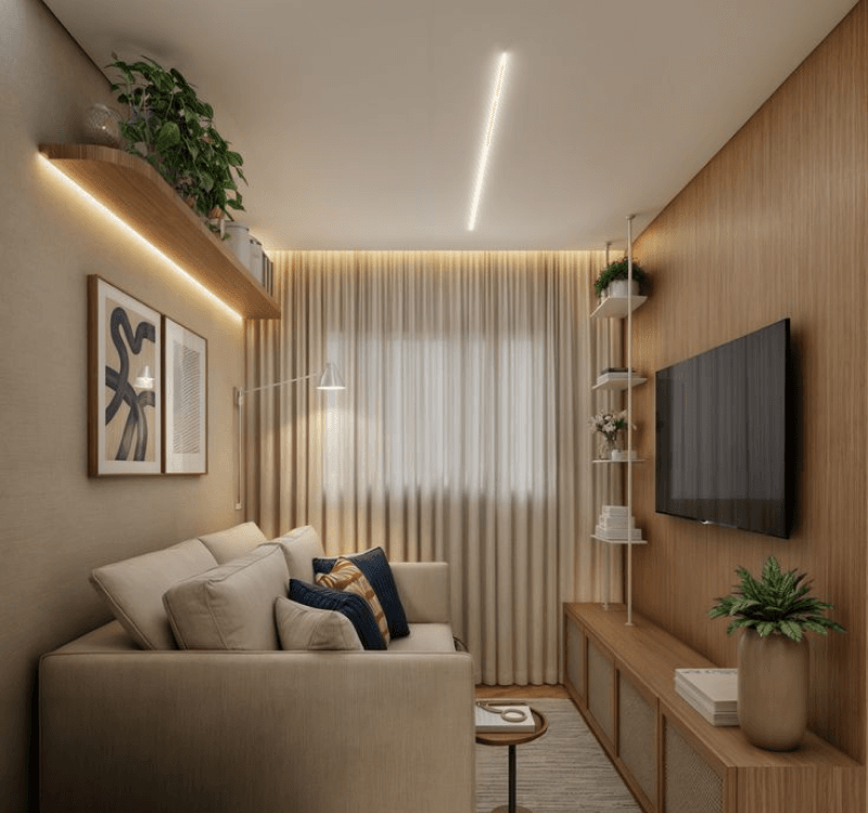 sala pequena com cores neutras e elegantes