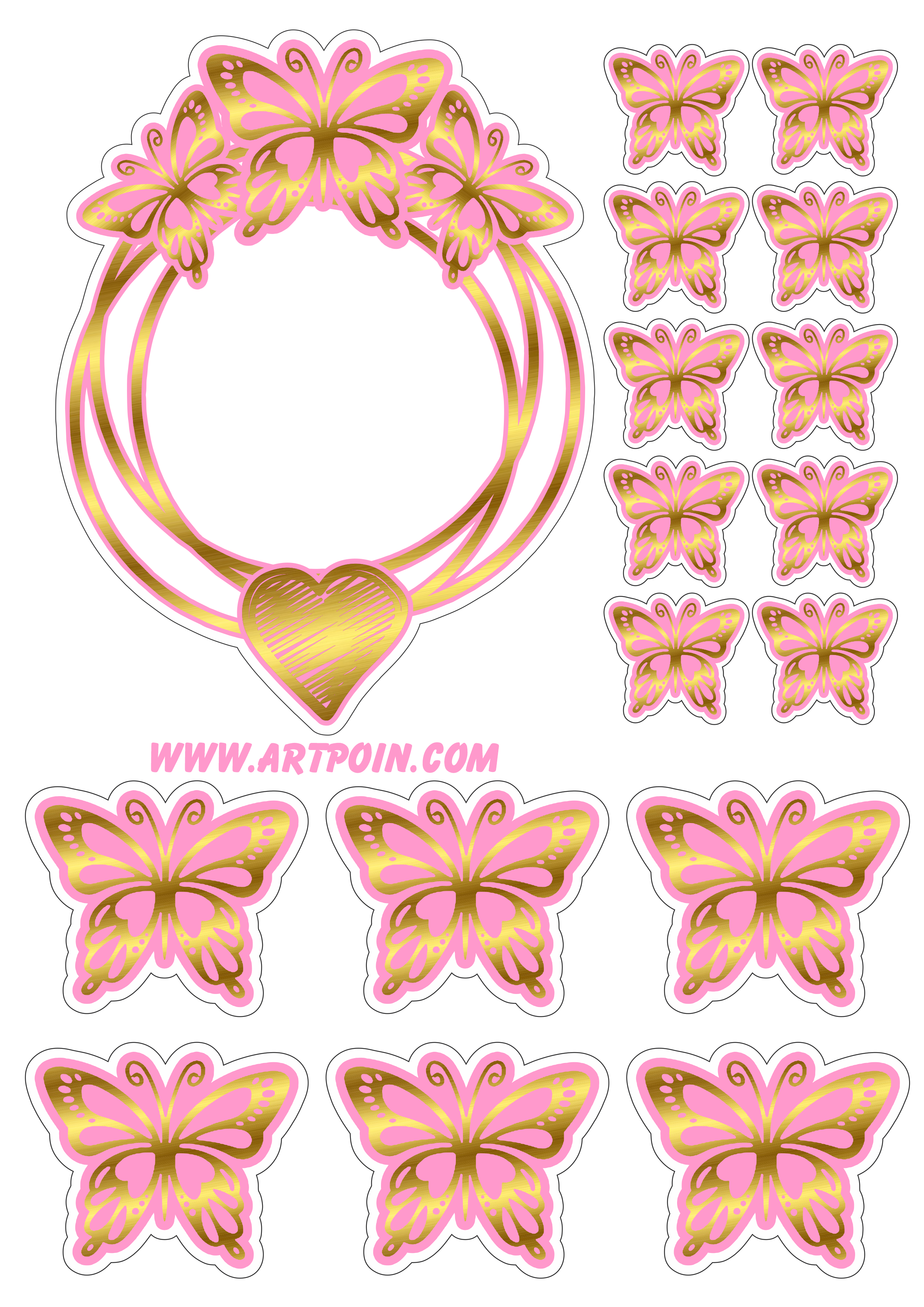 topo de bolo borboleta rosa com dourado