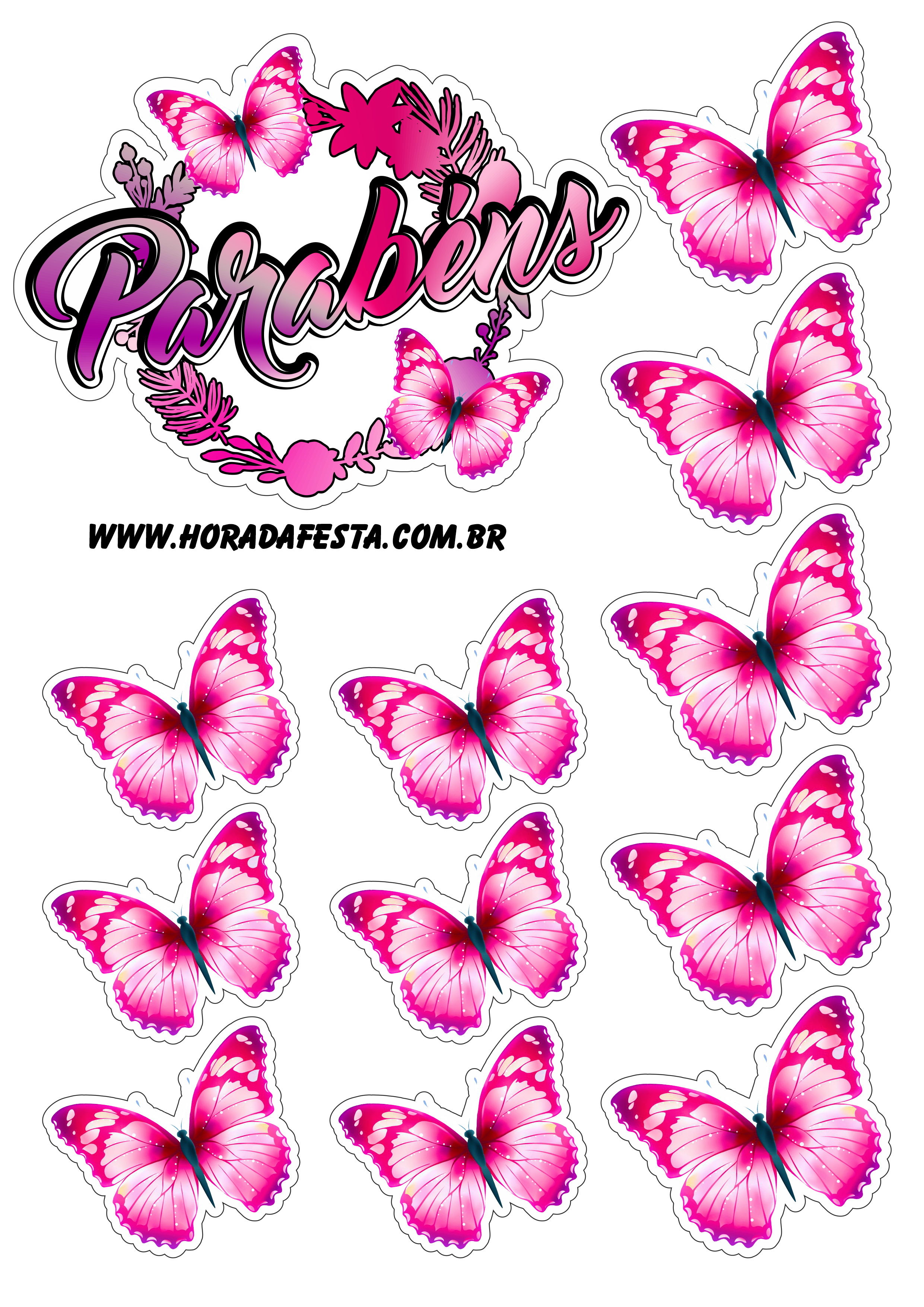 topo de bolo borboleta rosa e branco