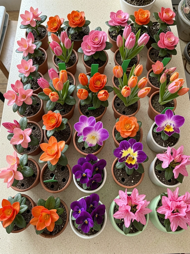 Colagem com 40 flores vibrantes, cada uma identificada com seu nome, em arranjo organizado.