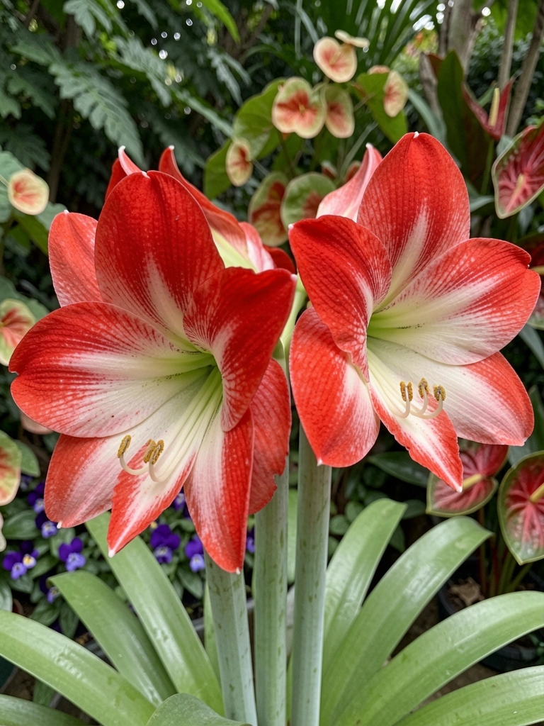 Canteiro sombreado com begônias, violetas e antúrios, folhagem verde densa.