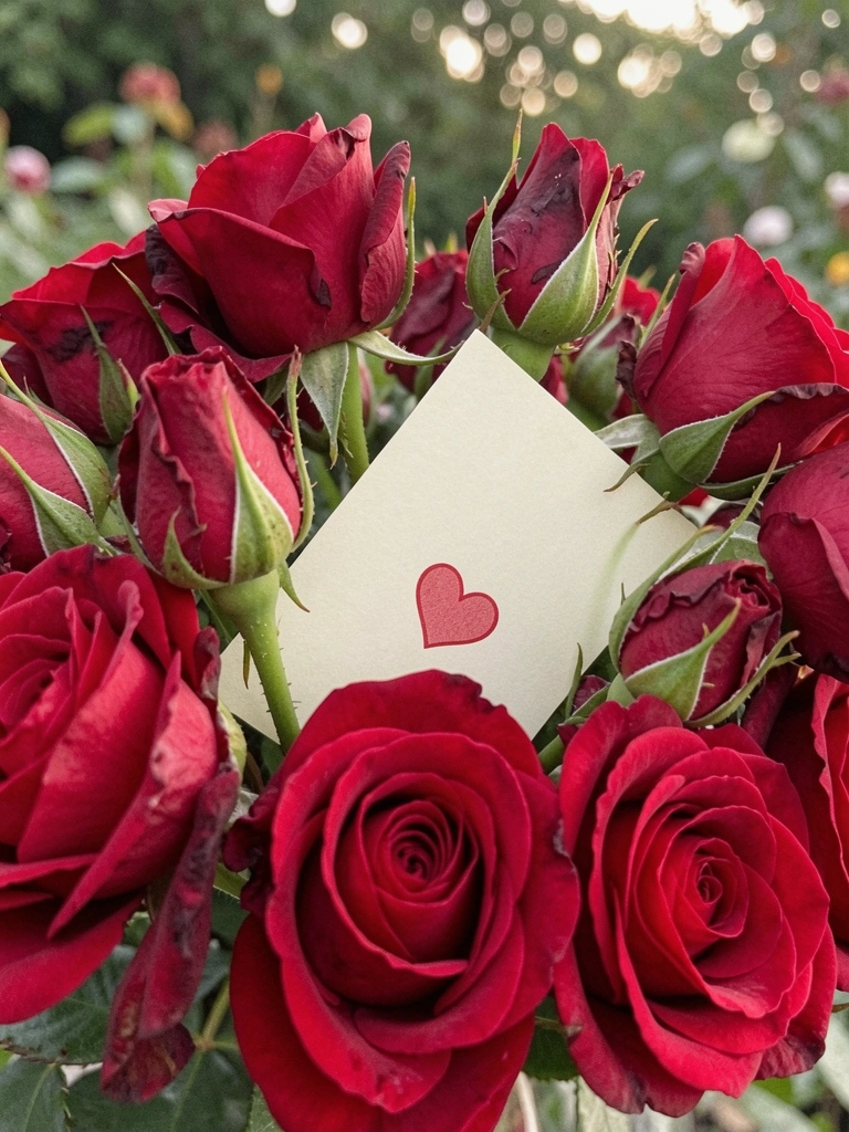 Buquê de rosas vermelhas com um cartão romântico apoiado, fundo desfocado.