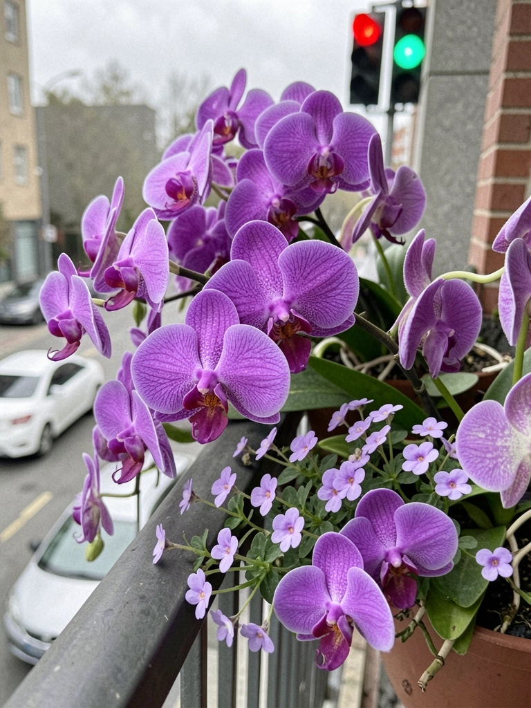 Vasos autoirrigáveis com orquídeas e begônias em varanda compacta