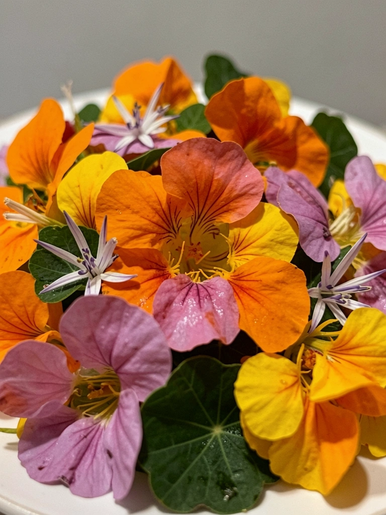 Prato gourmet decorado com capuchinhas, calêndulas e flores de cebolinha.