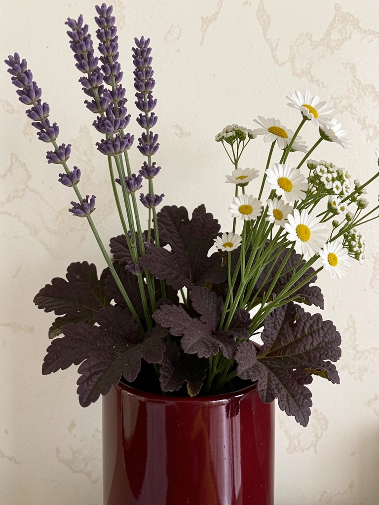 Buquê rústico de flores do campo com lavanda, margaridas e alissos, amarrado com barbante.