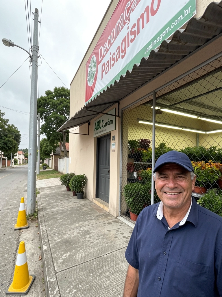 Fachada de garden center com área de plantas ampla e iluminada
