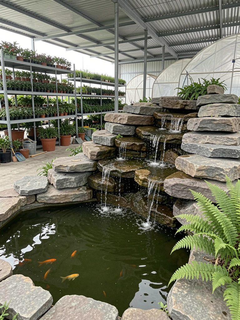 Interior de loja com fileiras de plantas e estufas iluminadas