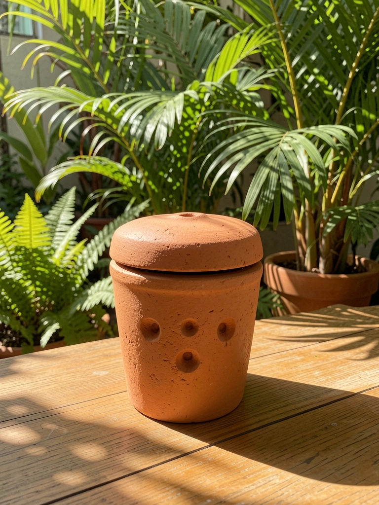 Sala de estar com grandes janelas, plantas em vasos de diferentes alturas e luz natural intensa.