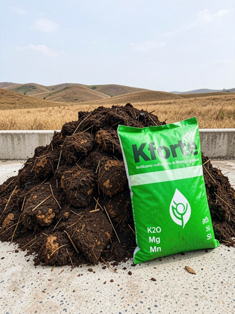 Pilha de composto orgânico com esterco, com texturas e tons terrosos, em ambiente externo.
