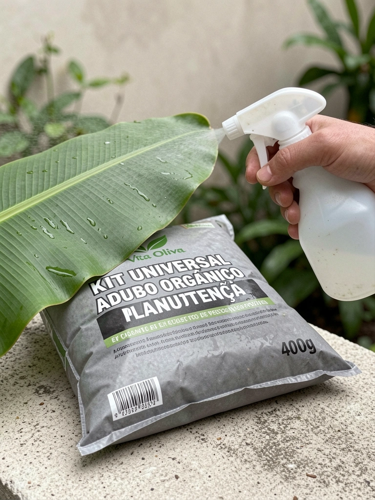 Spray foliar sendo aplicado em folha de bananeira