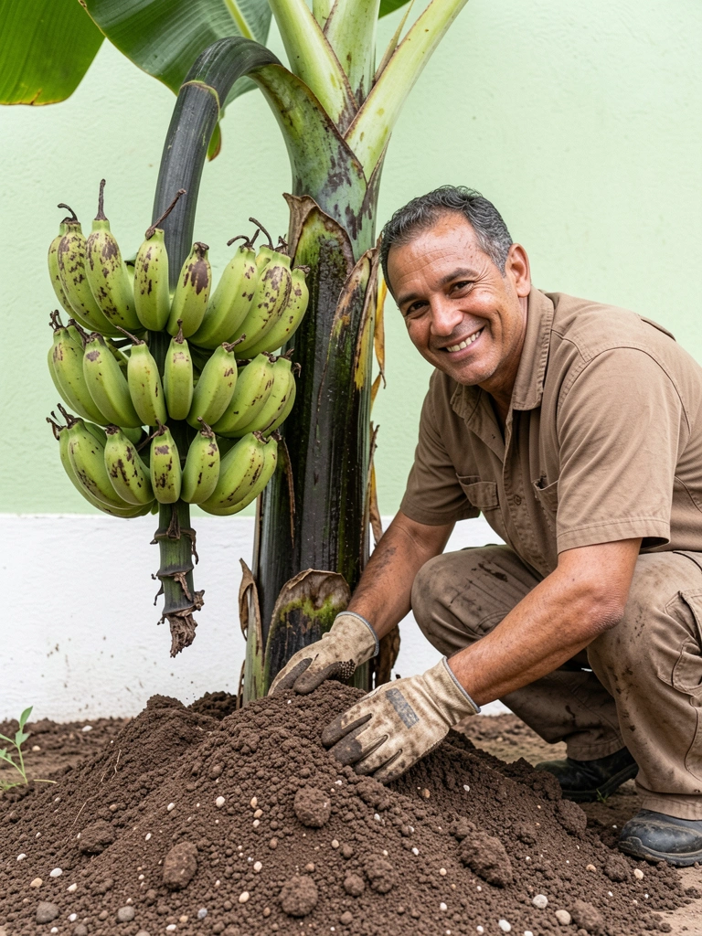 Pessoa adicionando adubo ao redor do tronco de uma bananeira em um jardim