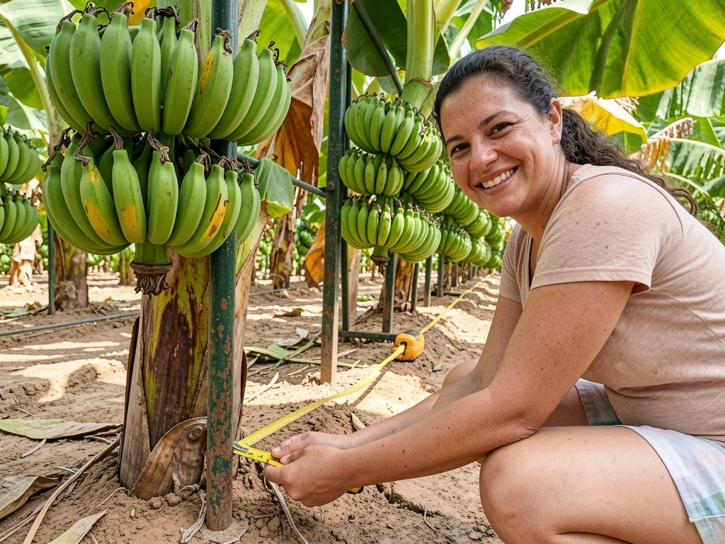 Fita métrica estendida sobre o tronco de uma bananeira, marcando a circunferência