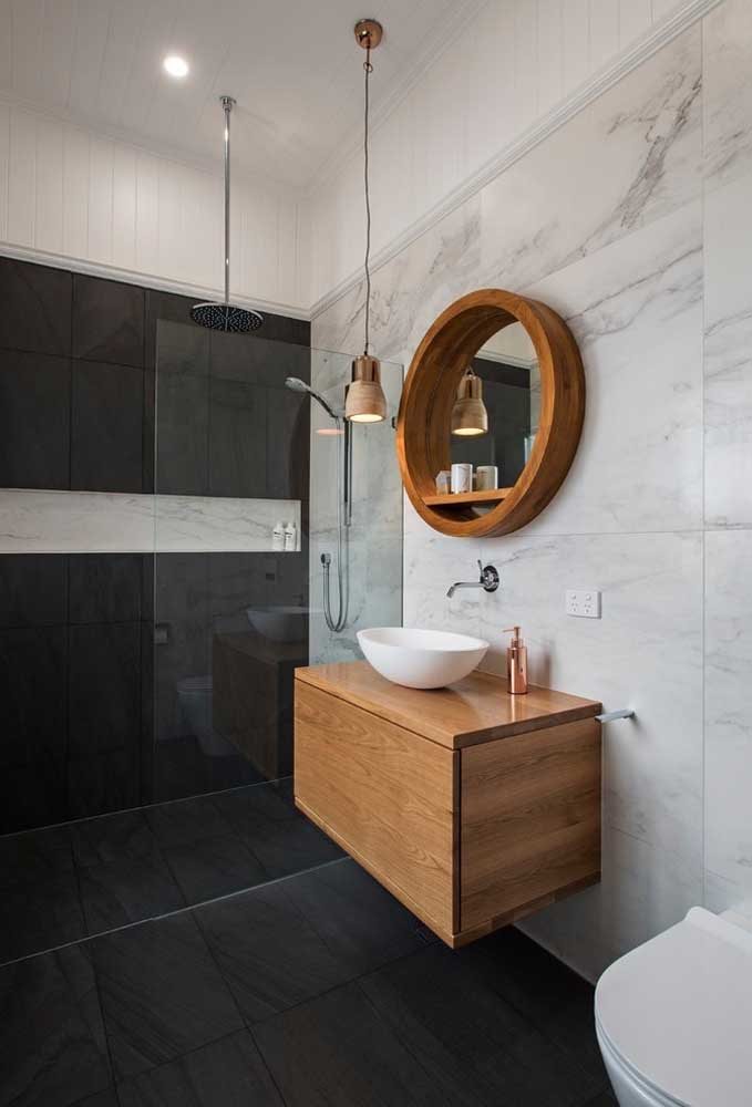 inspiração banheiro porcelanato preto e branco