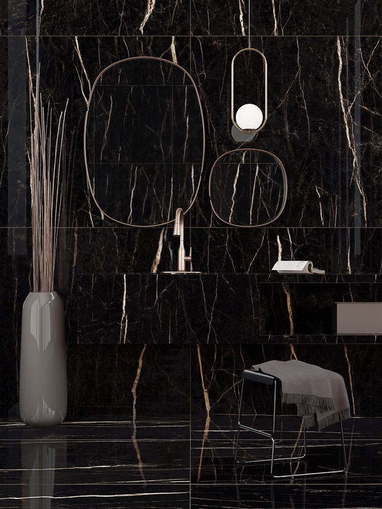 paginação banheiro porcelanato preto e branco